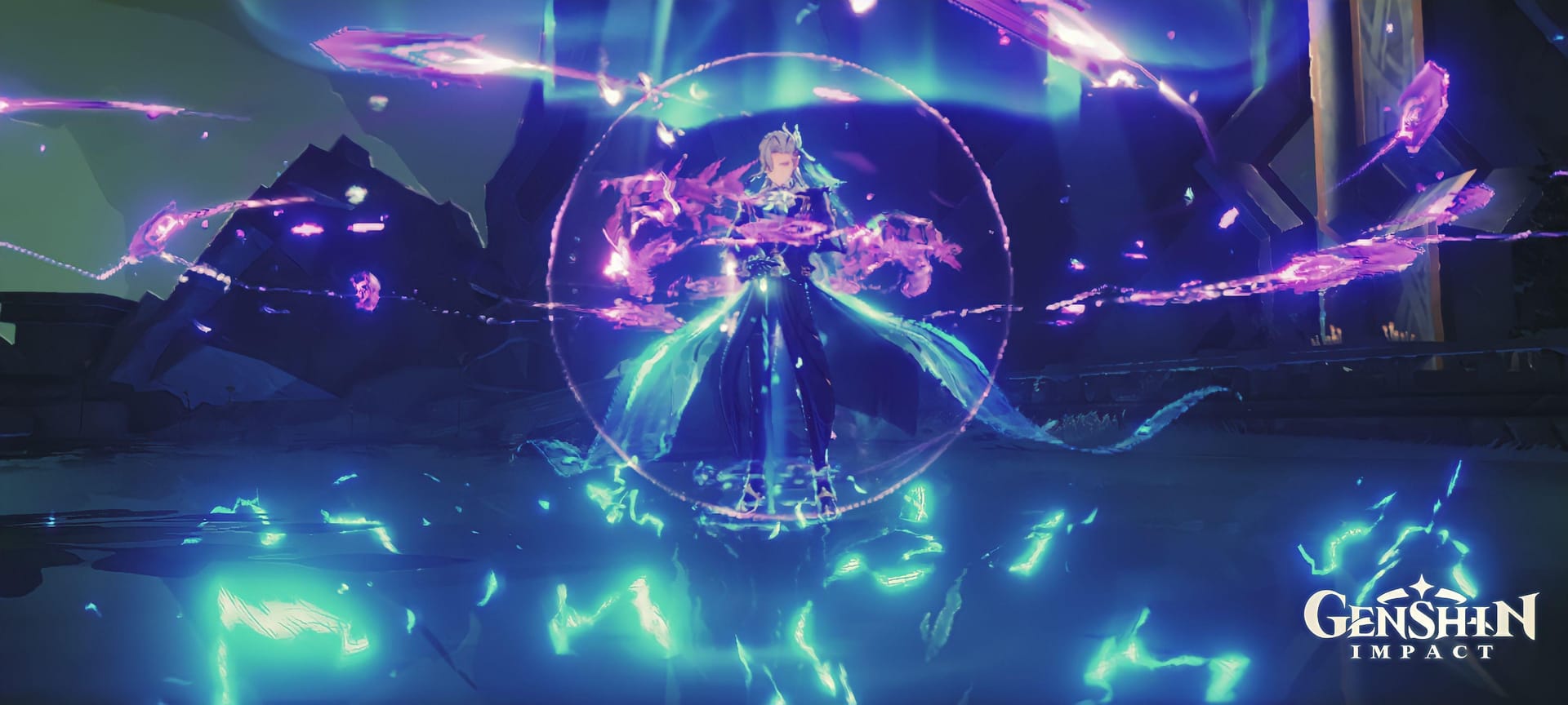 Capture d'écran de Genshin Impact montrant Birgitta d'Ineffa fournissant un bouclier résistant à l'interruption pour l'attaque chargée de Neuvillette