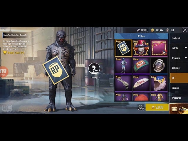 限定スキンやコスメティックが表示されたPUBG Mobile Prime Plus BPショップ画面