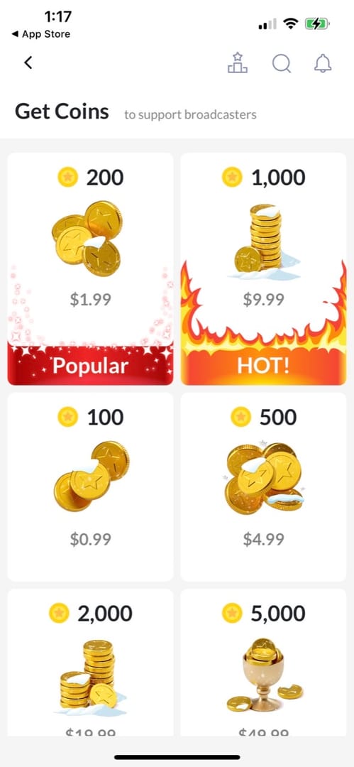 프로필의 탱고 라이브 코인 및 다이아몬드 잔액 스크린샷