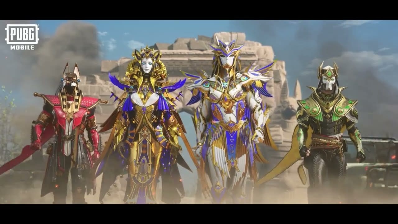 Karya seni watak PUBG Mobile Golden Pharaoh X-Suit memaparkan sayap emas, hiasan kepala, dan pelindung bahu kobra beranimasi
