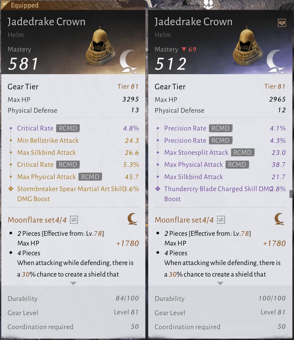 Perbandingan Where Winds Meet: penarafan kuasa kelengkapan emas legenda vs ungu epic