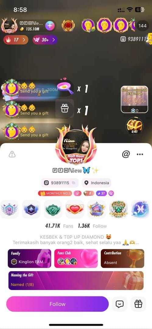 Tangkapan skrin antara muka status VIP aplikasi Mango Live