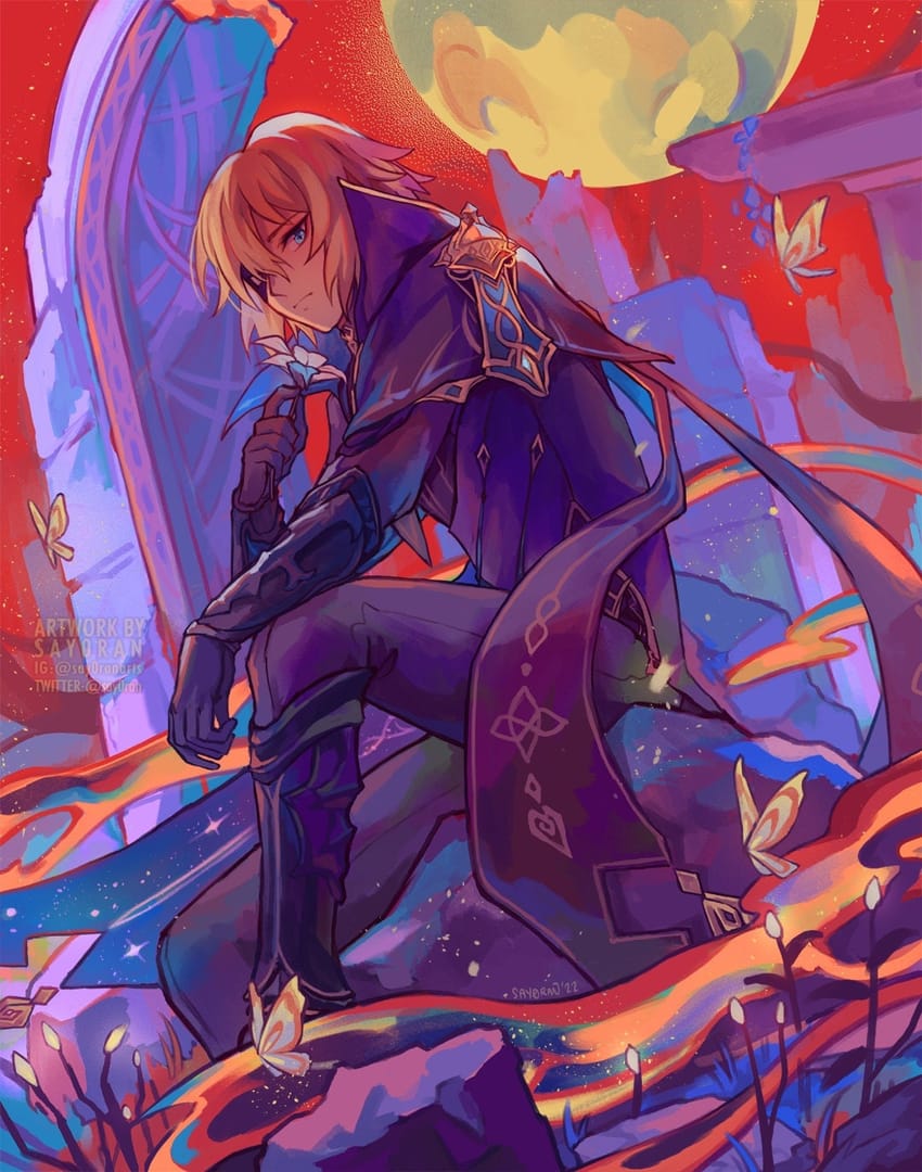 Karya seni watak Dainsleif Genshin Impact menunjukkan kesan tenaga gelap daripada Archon Quest