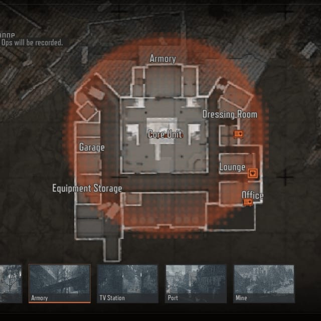 Peta Armory Arena Breakout Bonds menunjukkan zon akses kad kunci Biru dan Merah