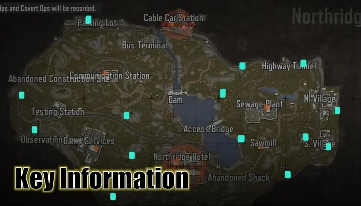 خريطة محطة نورثريدج في Arena Breakout Bonds توضح نقاط ظهور الغنائم الرئيسية، ونقاط الاستخراج، والمناطق عالية القيمة لجمع الكوين