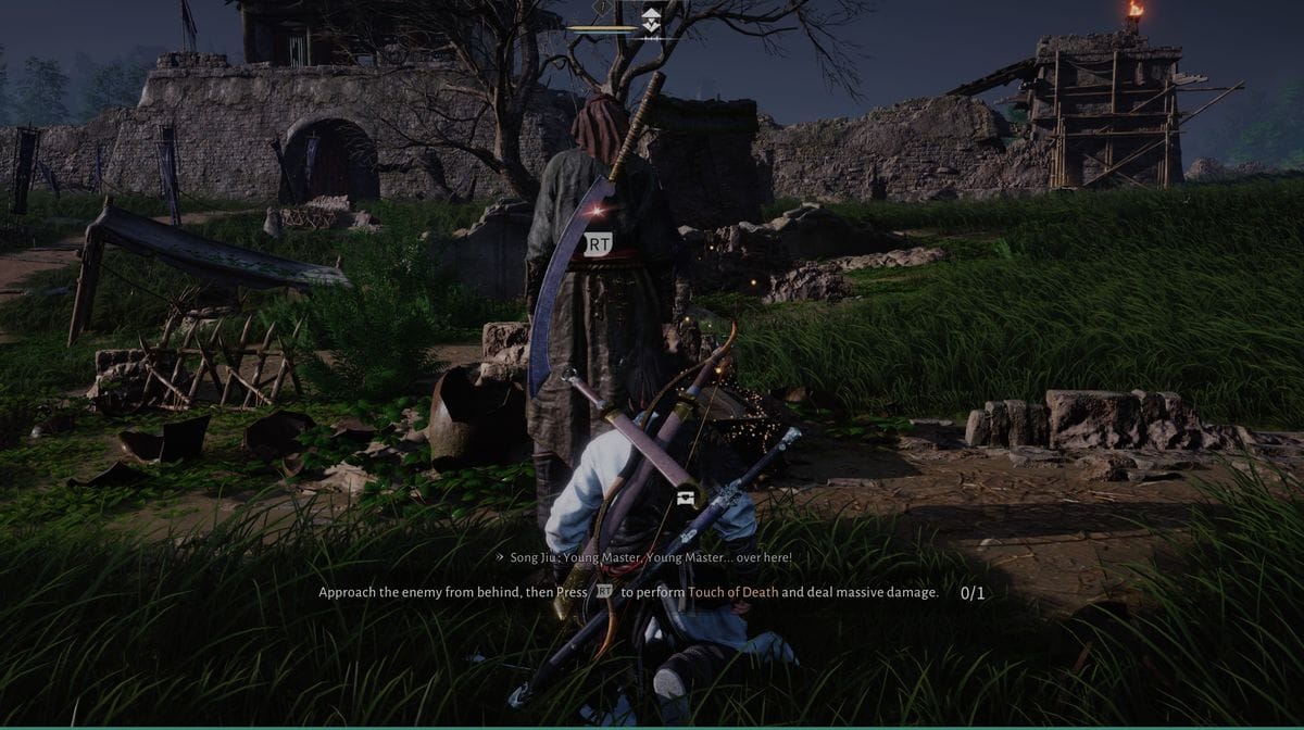 Joueur de Where Winds Meet sur un toit évitant la détection des gardes en gameplay furtif