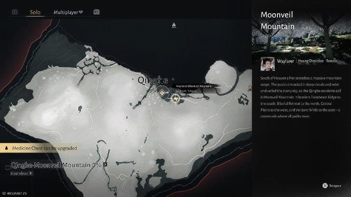 Carte de Where Winds Meet de la zone du Pic Moonveil pour l'emplacement de la compétence Voile de Sérénité