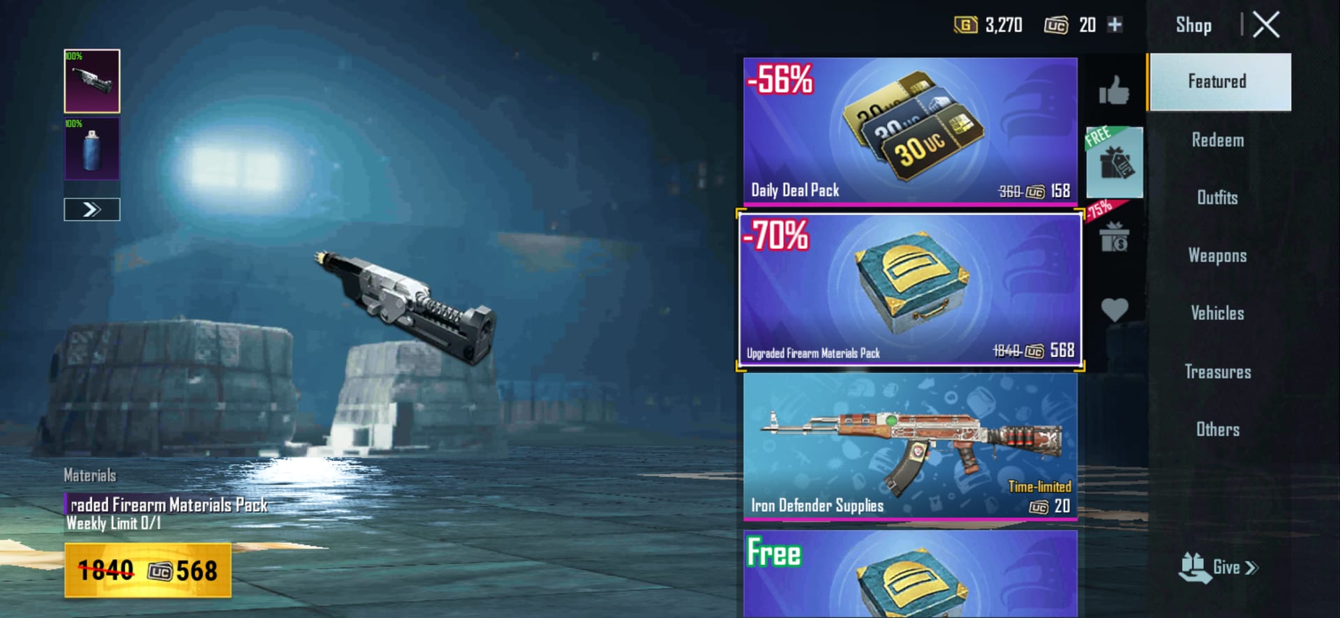 Antara muka pembelian kedai bahan Gun Lab PUBG Mobile