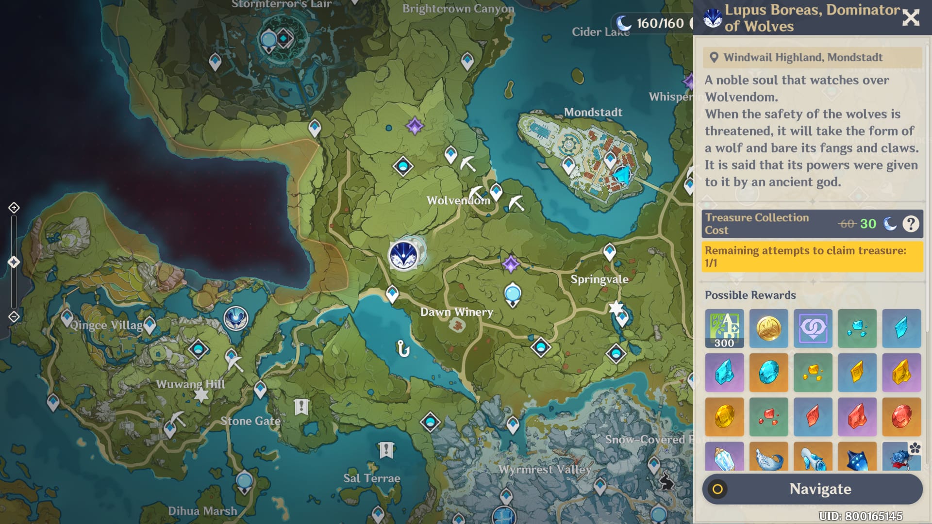 Peta Genshin Impact bagi Wolvendom dan Stormbearer Mountains dengan lokasi peti harta karun yang padat