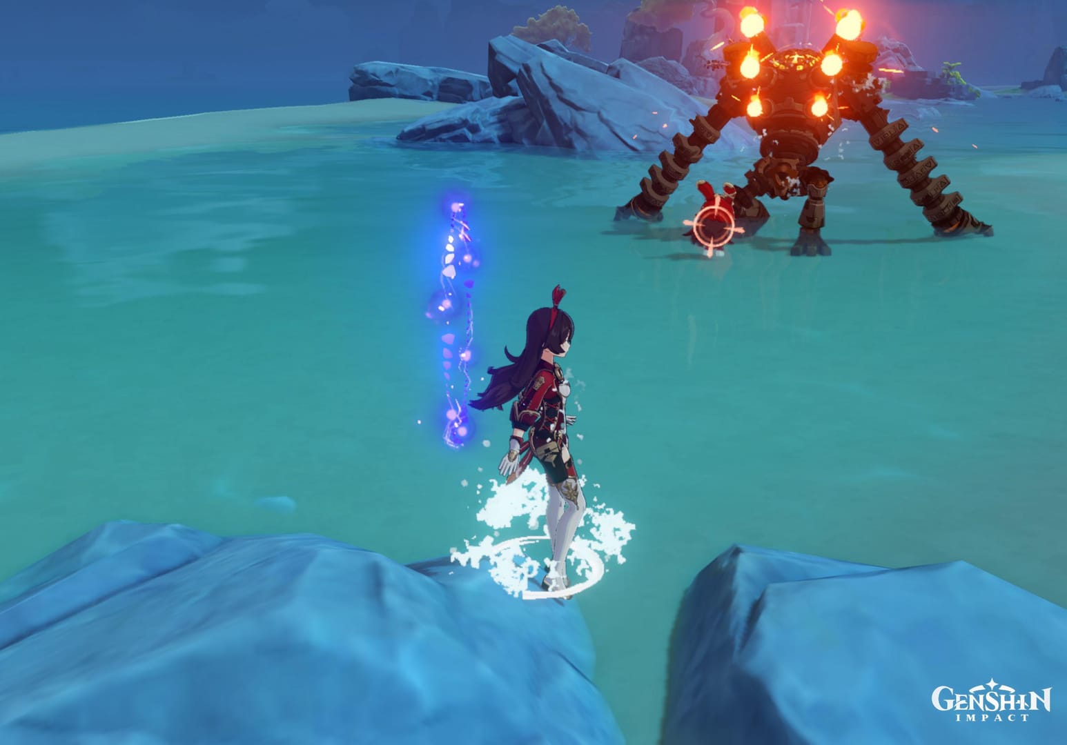 Использование Оза Фишль или Барона Зайчика Эмбер для группировки врагов в Genshin Impact