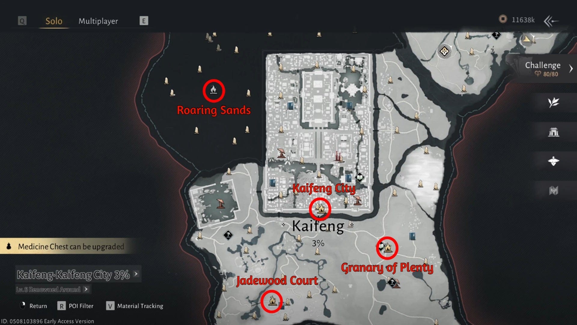 Mapa de Where Winds Meet que muestra Kaifeng y las ubicaciones de las sedes de las sectas