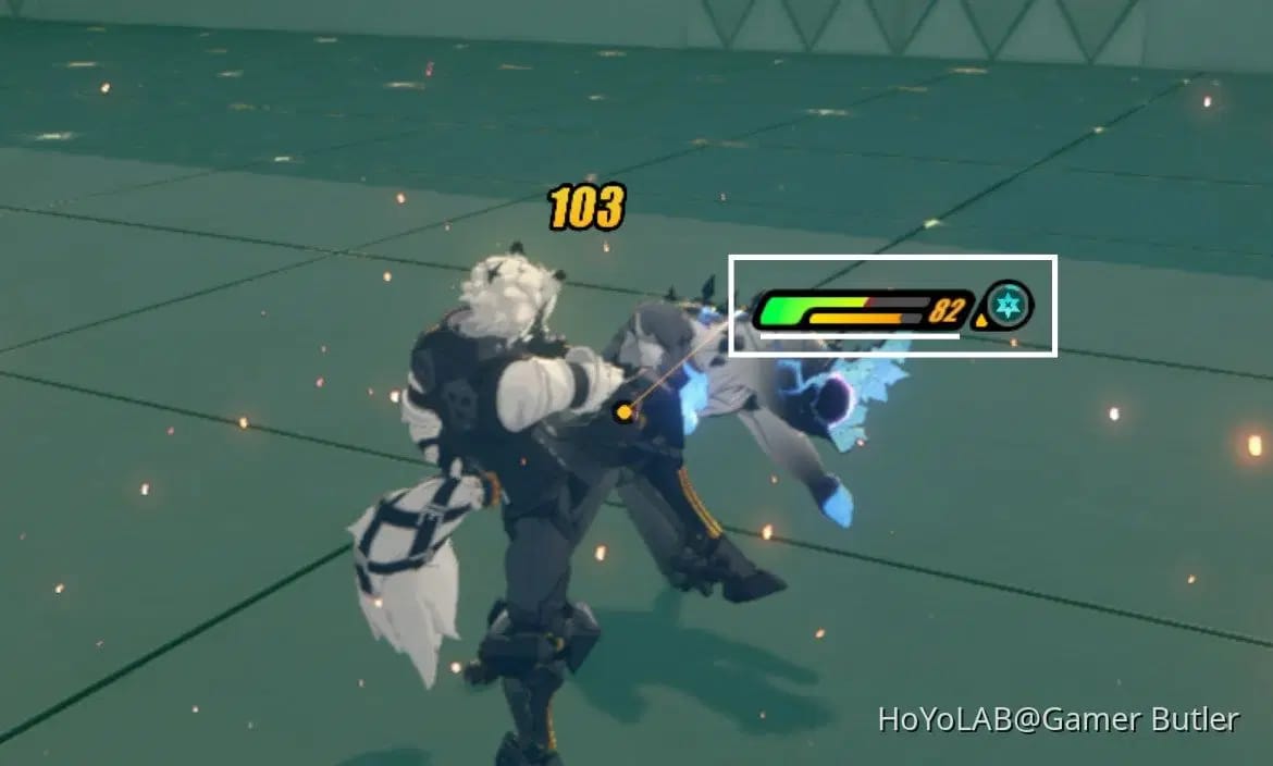 Captura de pantalla de Zenless Zone Zero que muestra la barra de Aturdimiento y el estado de Tambaleo en la Defensa Shiyu