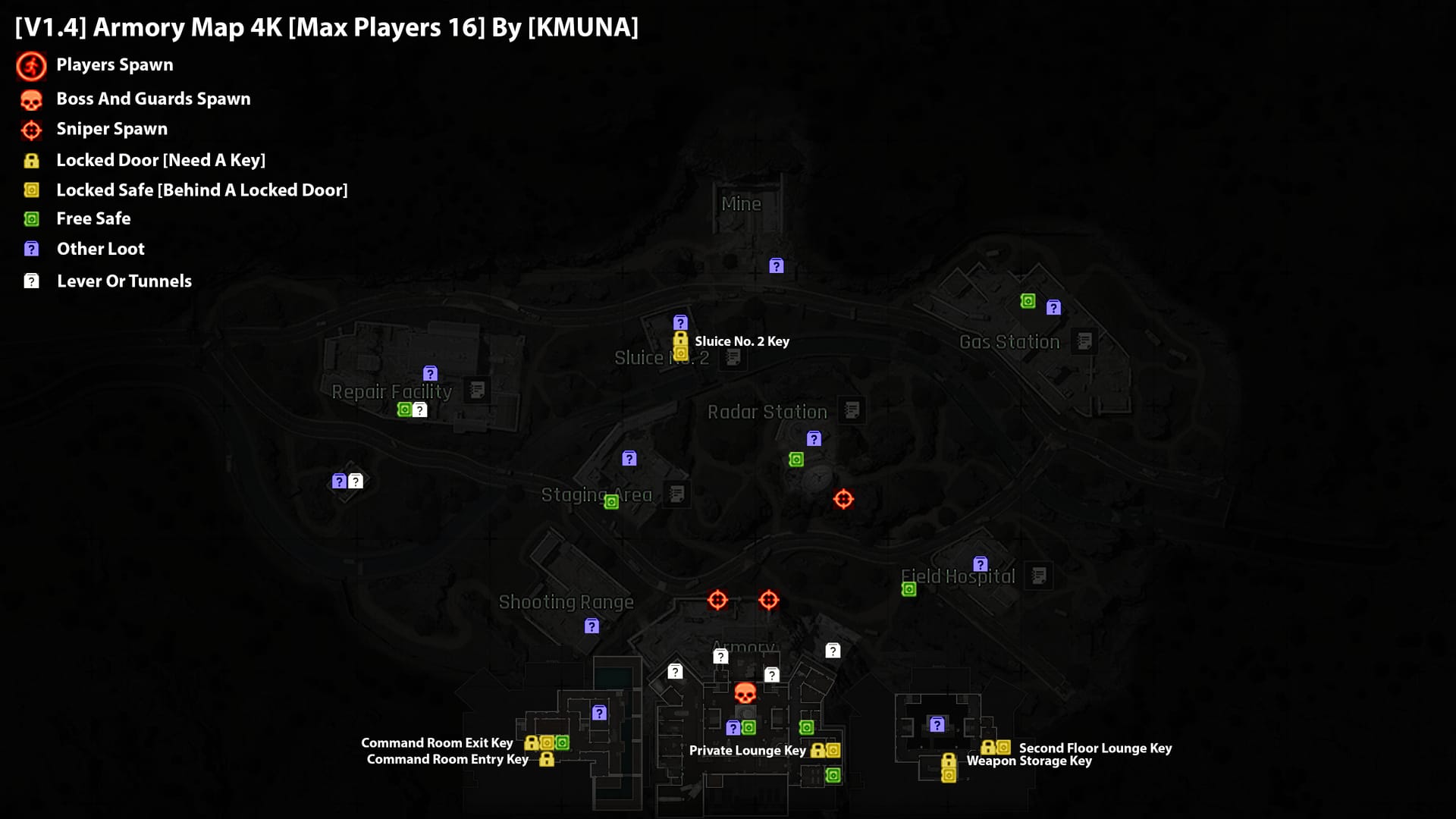 무기실, 장비 보관실, 수리 시설, 스테이징 구역 및 입구가 표시된 아레나 브레이크아웃 아머리 락다운 존 맵