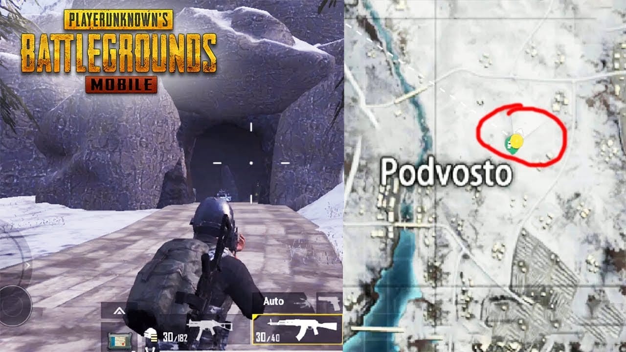 PUBG Mobile गाइड स्क्रीनशॉट जिसमें Vikendi में Podvosto गुफा के प्रवेश द्वार पर वाहन से टक्कर दिखाई गई है