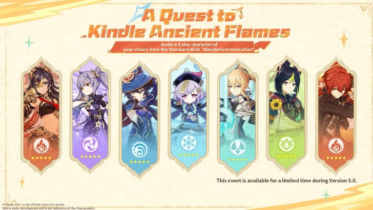 Genshin Impact स्टैंडर्ड बैनर 5-स्टार कैरेक्टर्स Diluc Jean Qiqi Mona Keqing Tighnari Dehya