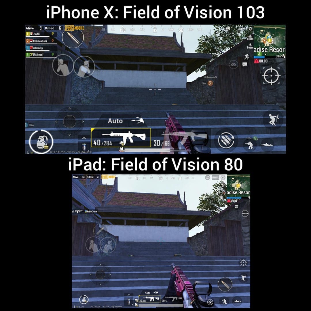 PUBG Mobile iPad बनाम स्मार्टफोन FOV तुलना स्क्रीनशॉट, टैबलेट पर व्यापक दृश्य दिखा रहा है