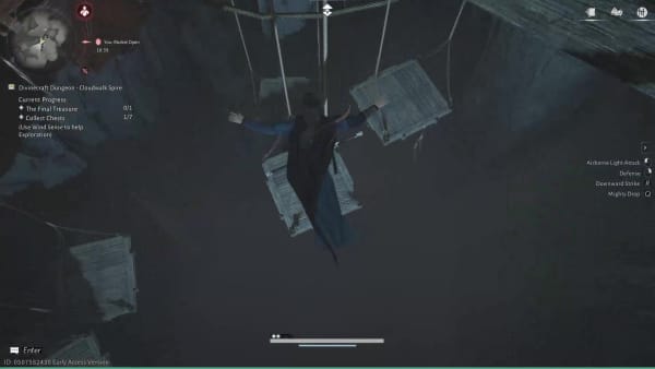 Peta dalam permainan menunjukkan Cloudwalk Spire Divinecraft Dungeon di timur Ghostlight Market dalam Where Winds Meet