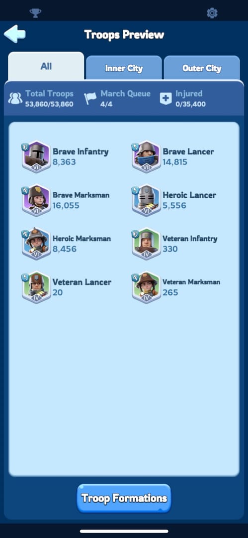 Whiteout Survival troop counter triangle showing Infantry beats Lancers, Lancers beat Marksmen, Marksmen beat Infantry