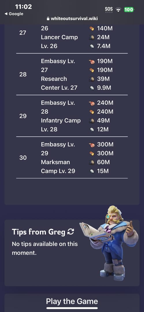 Whiteout Survival Furnace upgrade screen showing resource requirements and timers