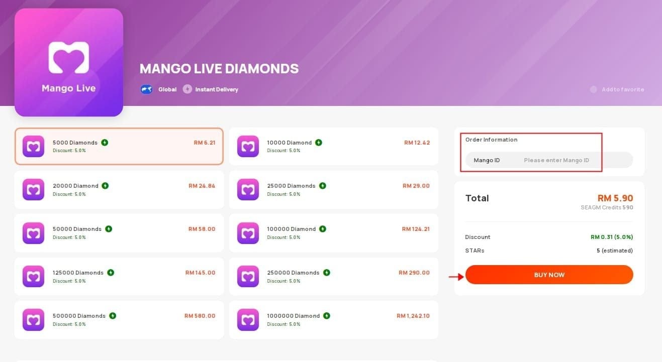 Mango Live app top-up guide showing profile UID and server selection