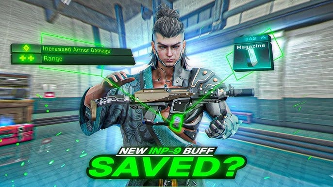 ब्लड स्ट्राइक INP-9 जिसमें CQB मज़ल, TL-CORE स्टॉक, एक्सटेंडेड वर्टिकल ग्रिप, 40-राउंड मैग, TI हंटर रिफ्लेक्स ऑप्टिक लगे हैं