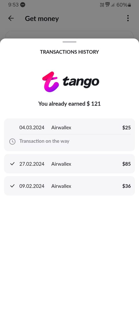 Interfaz de la aplicación Tango Live para añadir un método de pago