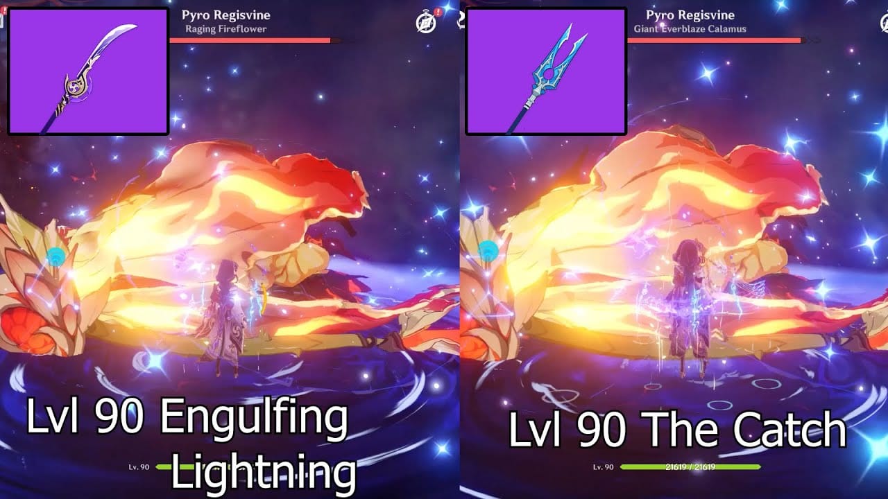 Сравнение оружия «Сияющая жатва» и «Улов» в Genshin Impact