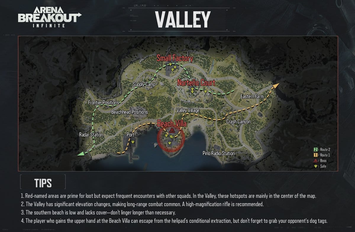 展示科伦阵营任务路线和交互点的暗区突围山谷地图