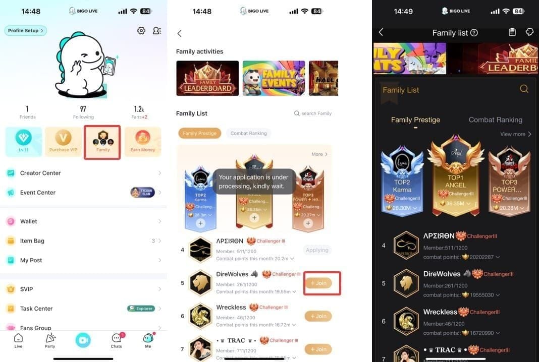 Bigo Live 直播屏幕，包含 PK 对战图标和选项
