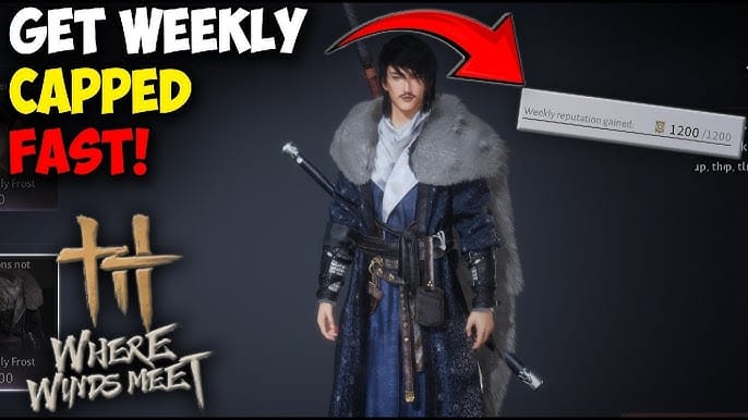 Where Winds Meet संप्रदाय प्रतिष्ठा UI, दैनिक मिशन, योगदान बॉक्स और एरंड बोनस दिखा रहा है