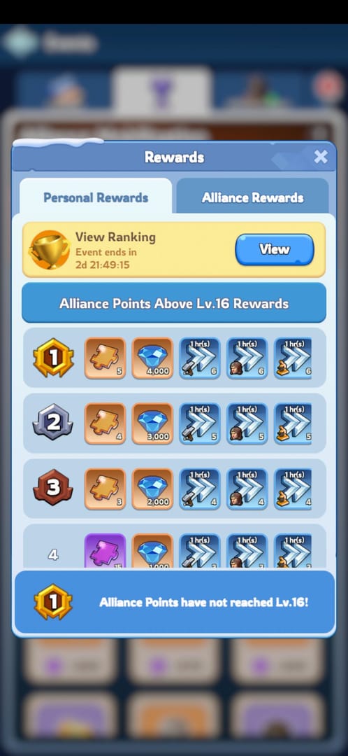 순위별 토큰 지급액을 보여주는 Whiteout Survival 일일 연맹 랭킹 보상 차트