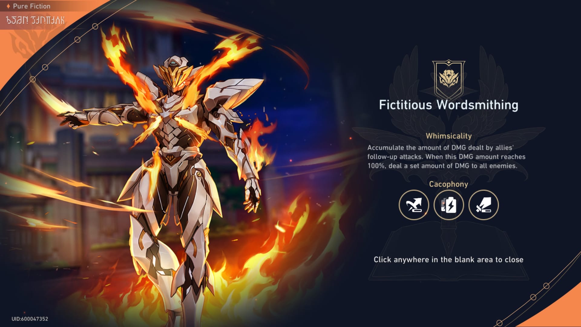 Interfaz de mejoras de Capricho de Pura Ficción de Honkai Star Rail que muestra los iconos de Tenacidad creciente, Eco de enigma y otras mejoras