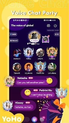 YoHo: Group Voice Chat 高级语音滤镜套件界面，包含 7 款滤镜