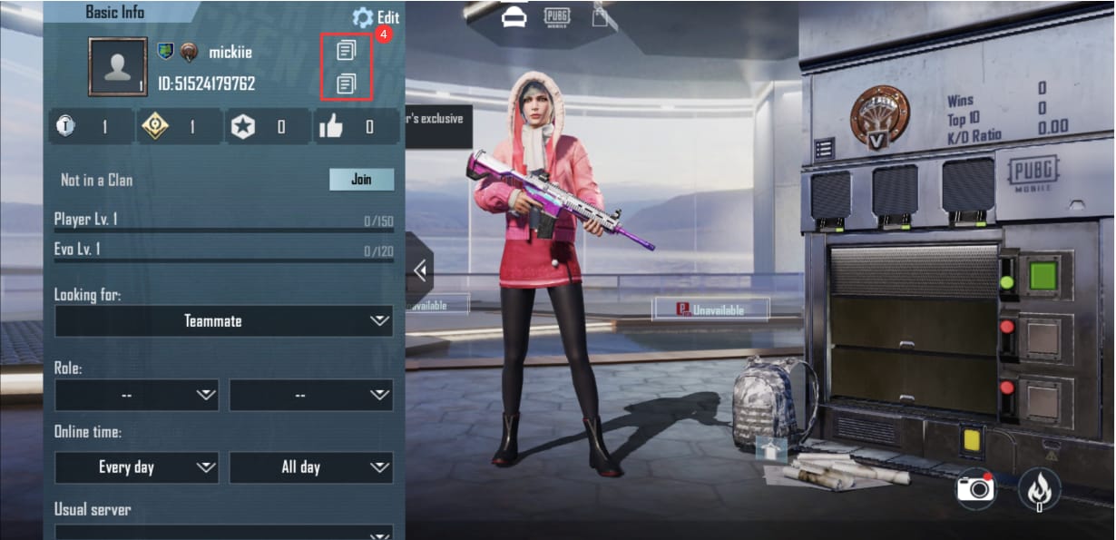 PUBG Mobile 界面显示头像菜单和玩家 ID 位置