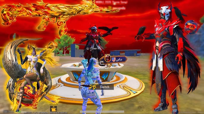 عمل فني لشخصية PUBG Mobile X-Suit لبدلة Phoenixtra أو Golden Pharaoh، يبرز ترقيات التجميل الأسطورية