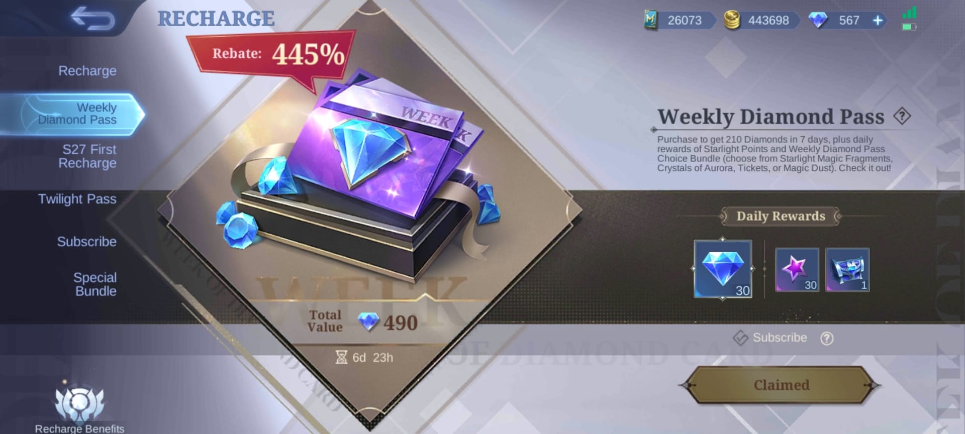 Mobile Legends Bang Bang Weekly Diamond Pass interface showing rewards and pricing