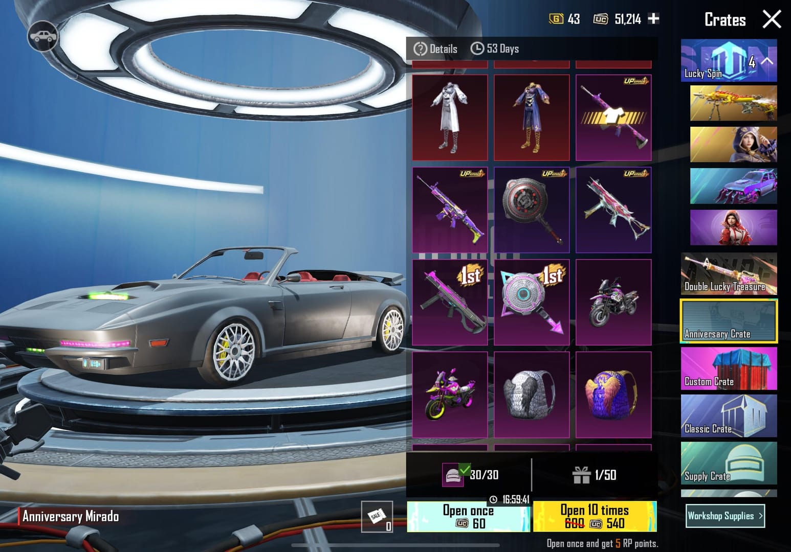 Antara muka Anniversary Crate PUBG Mobile dengan pilihan pek sepuluh putaran