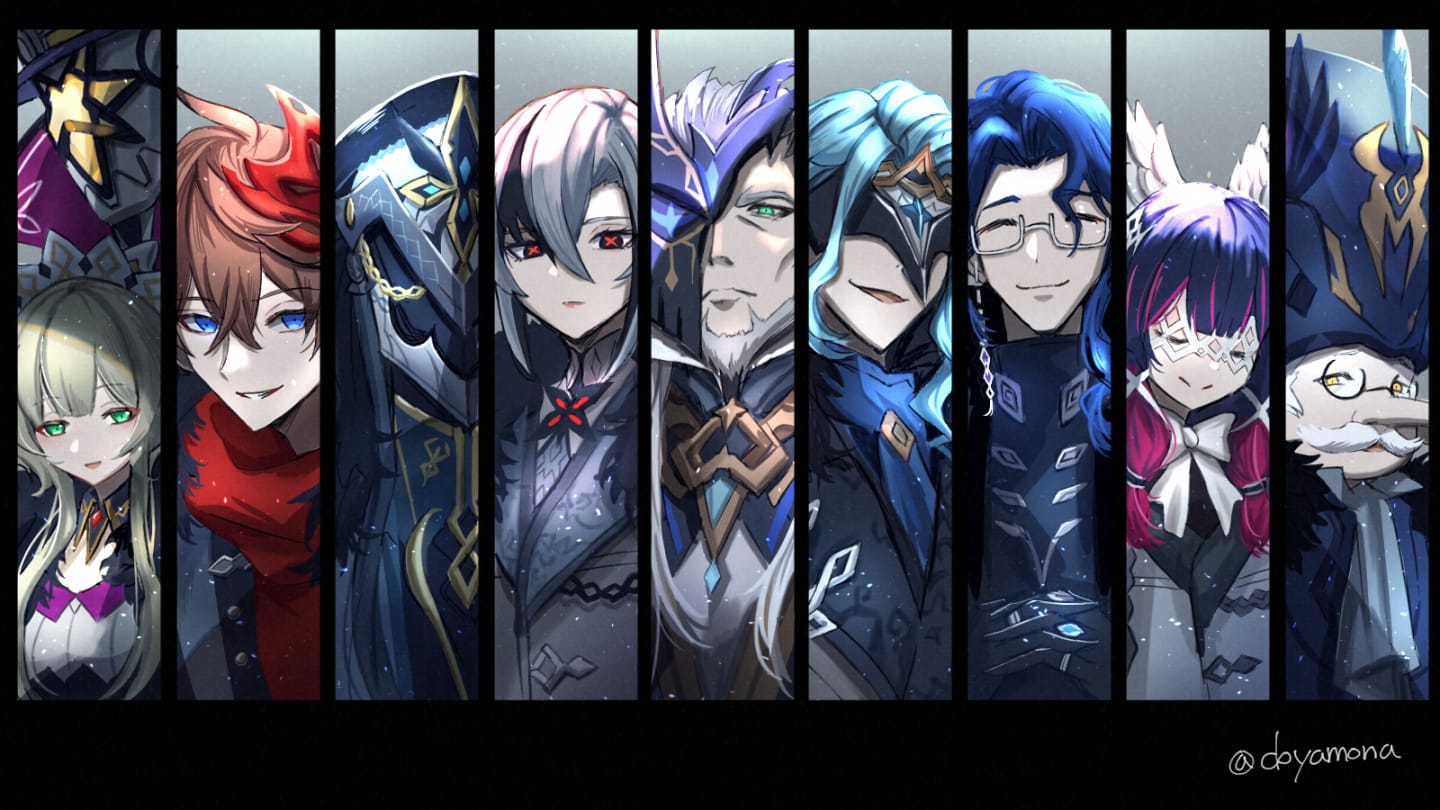 Arte de personaje de los Heraldos Fatui de Genshin Impact: Skirk y Sandrone