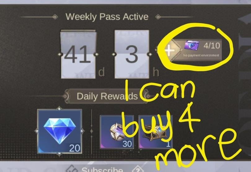 Mobile Legends Bang Bang वीकली डायमंड पास 10 तक स्टैक किया हुआ, जो इंस्टेंट और दैनिक रिवॉर्ड दिखाता है