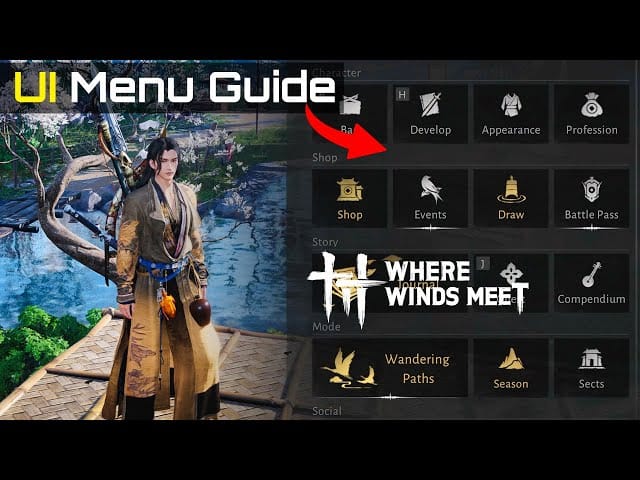 Игровой экран Where Winds Meet с отображением UID игрока и выбором сервера