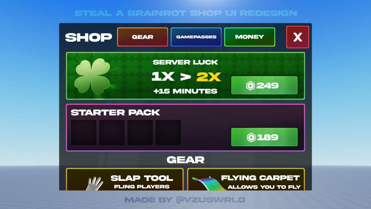 로벅스 코스메틱 가격이 표시된 Steal a Brainrot 게임 내 상점 인터페이스
