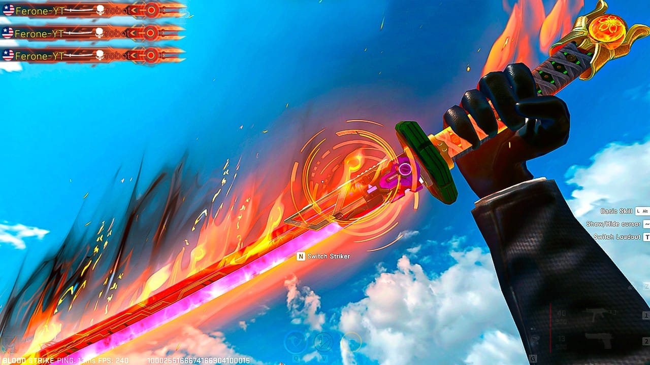 픽셀 광원 효과와 처형 효과가 있는 블러드 스트라이크 사이버 카타나 근접 무기