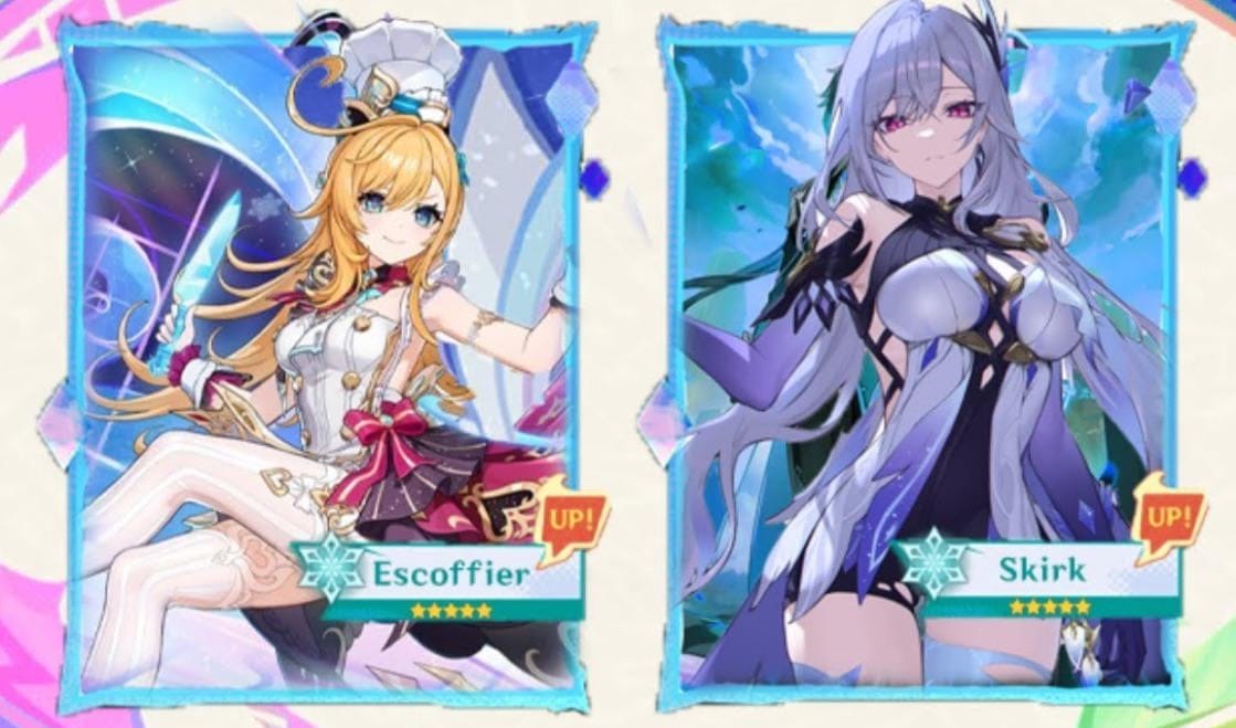 Illustration des personnages Cryo 5 étoiles Skirk et Escoffier de Genshin Impact pour la bannière Fatui du printemps 2026
