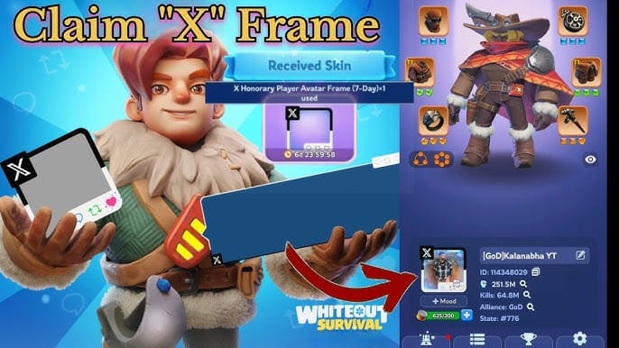 Antarmuka Whiteout Survival yang menyoroti menu avatar dan Player ID