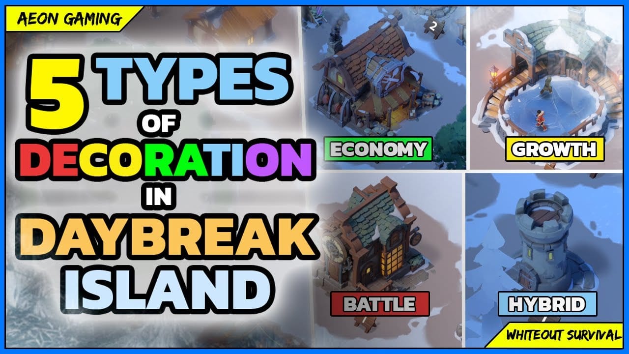Tangkapan layar Whiteout Survival yang menunjukkan dekorasi bertumpuk di Daybreak Island dengan Prosperity dan buff