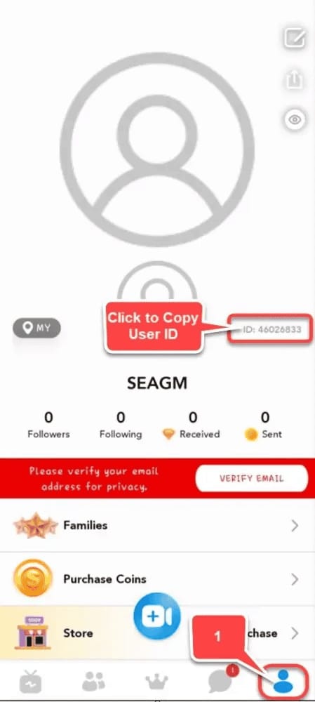 Пошаговое руководство по пополнению токенов SuperLive: иконка профиля, копирование UID, ввод на buffget