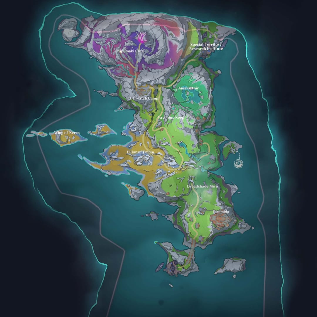 보물상자, 신상, 탐험 보상이 표시된 원신 노드-크라이 지역 지도