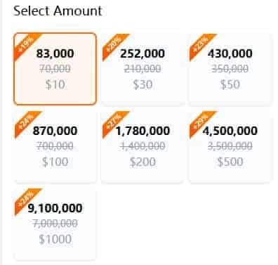 Gráfico comparativo de las tasas de paquetes de monedas estándar y verificadas de Poppo Live por dólar