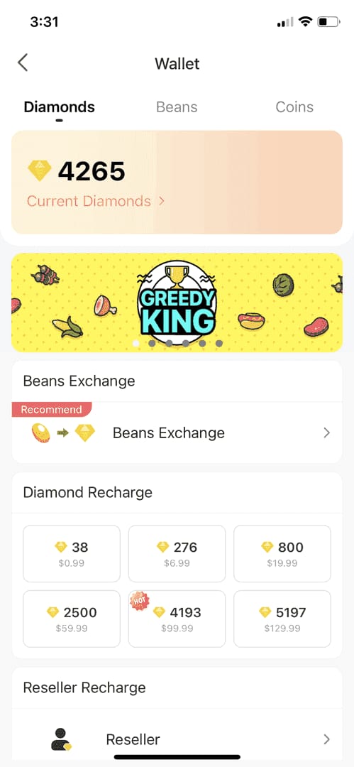 Bagan perbandingan paket isi ulang diamond Bigo Live yang menunjukkan biaya dan bonus