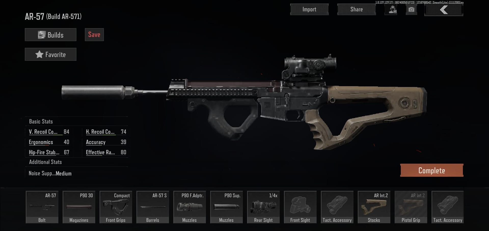 Interfaz de armero de Arena Breakout para la configuración del AR57 con el código 3frwi7fw87UEAA4